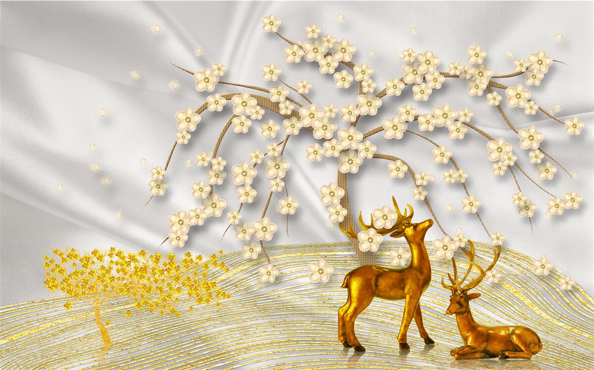 Fototapet o căprioară din aur se plimbă pe sub ramurile unui sakura