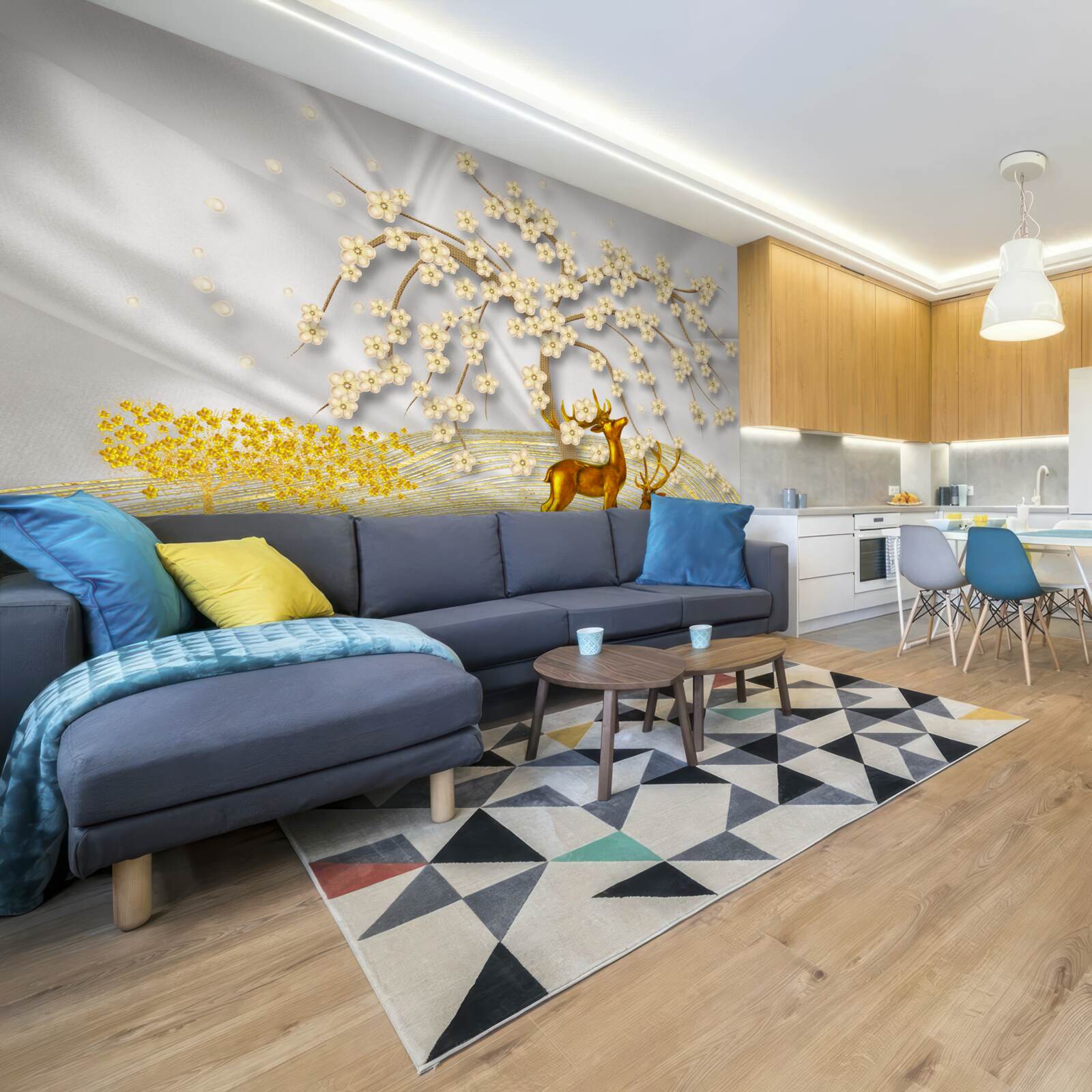 Fototapet o căprioară din aur se plimbă pe sub ramurile unui sakura