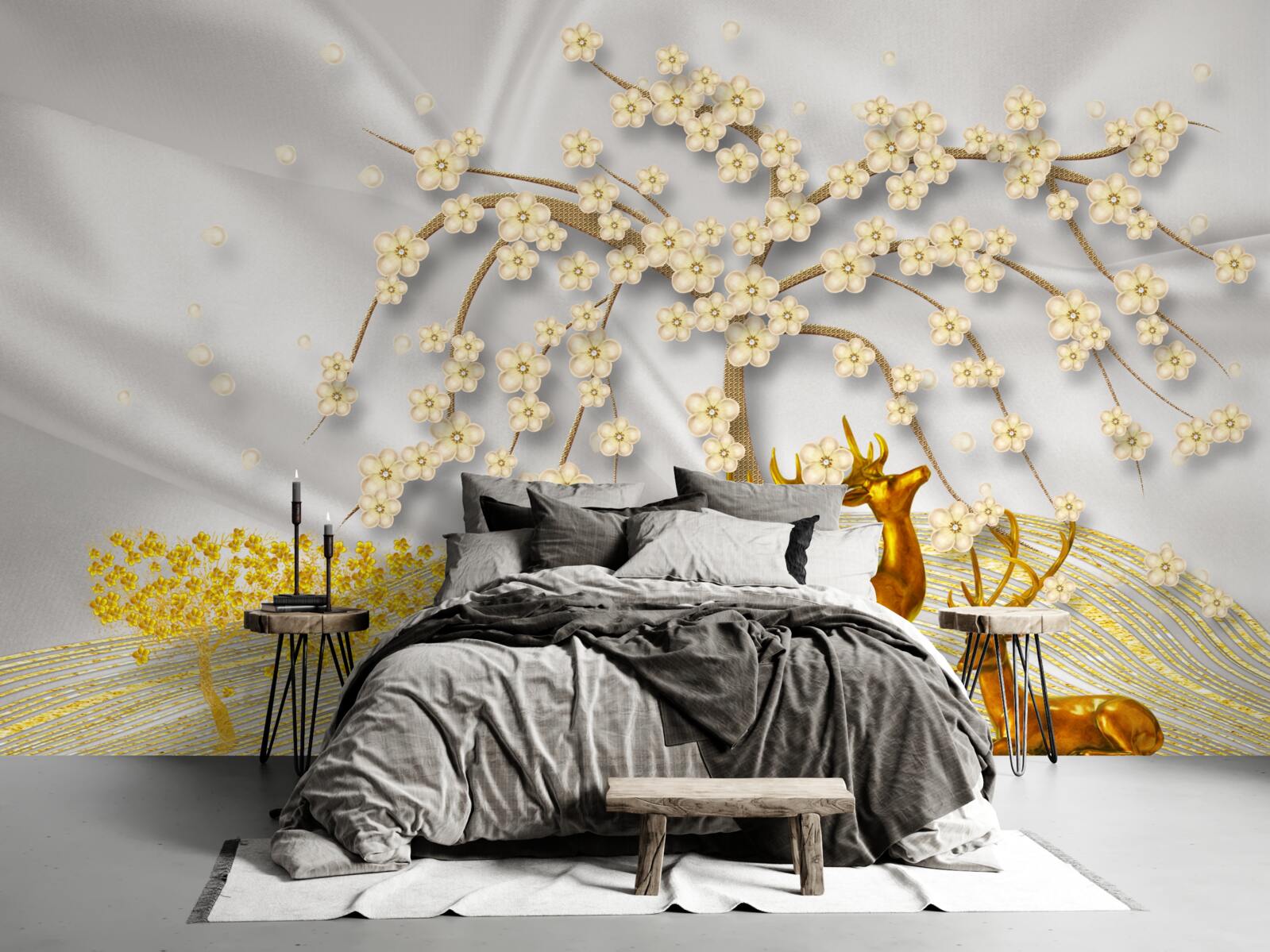 Fototapet o căprioară din aur se plimbă pe sub ramurile unui sakura