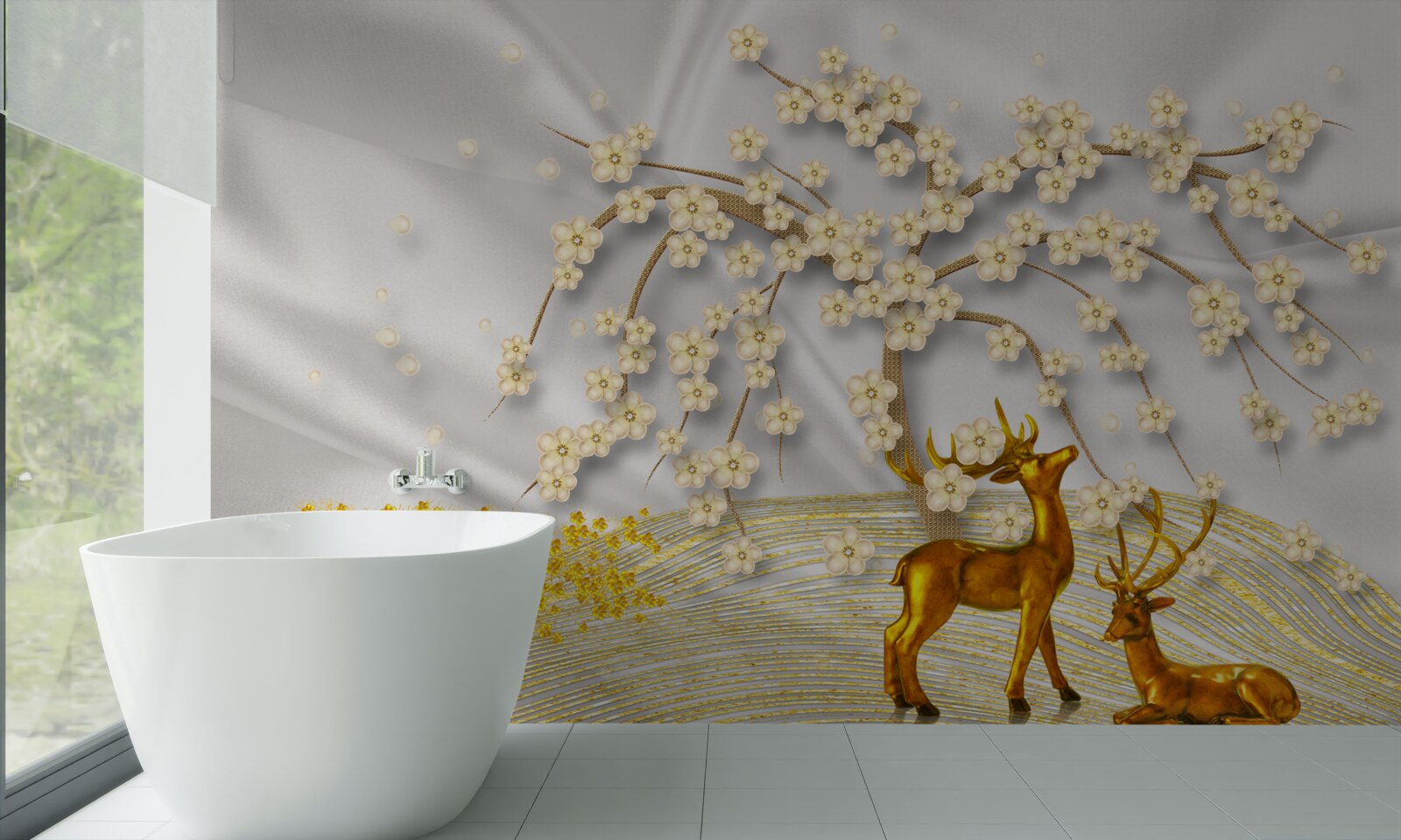 Fototapet o căprioară din aur se plimbă pe sub ramurile unui sakura
