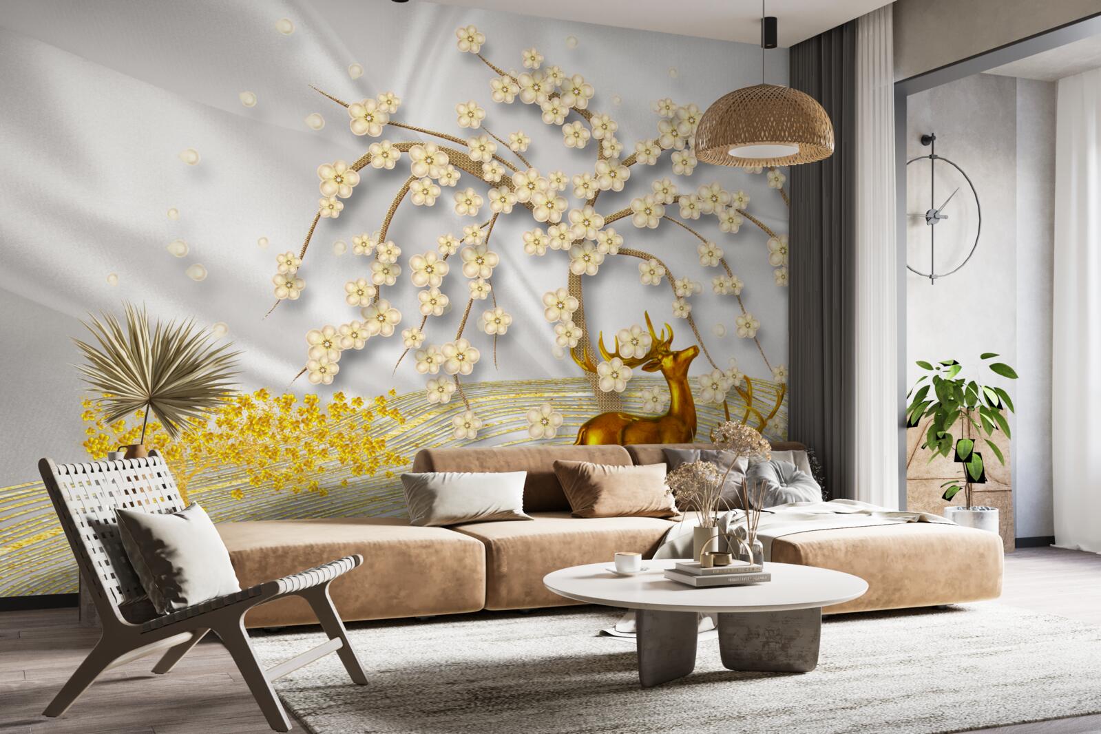 Fototapet o căprioară din aur se plimbă pe sub ramurile unui sakura