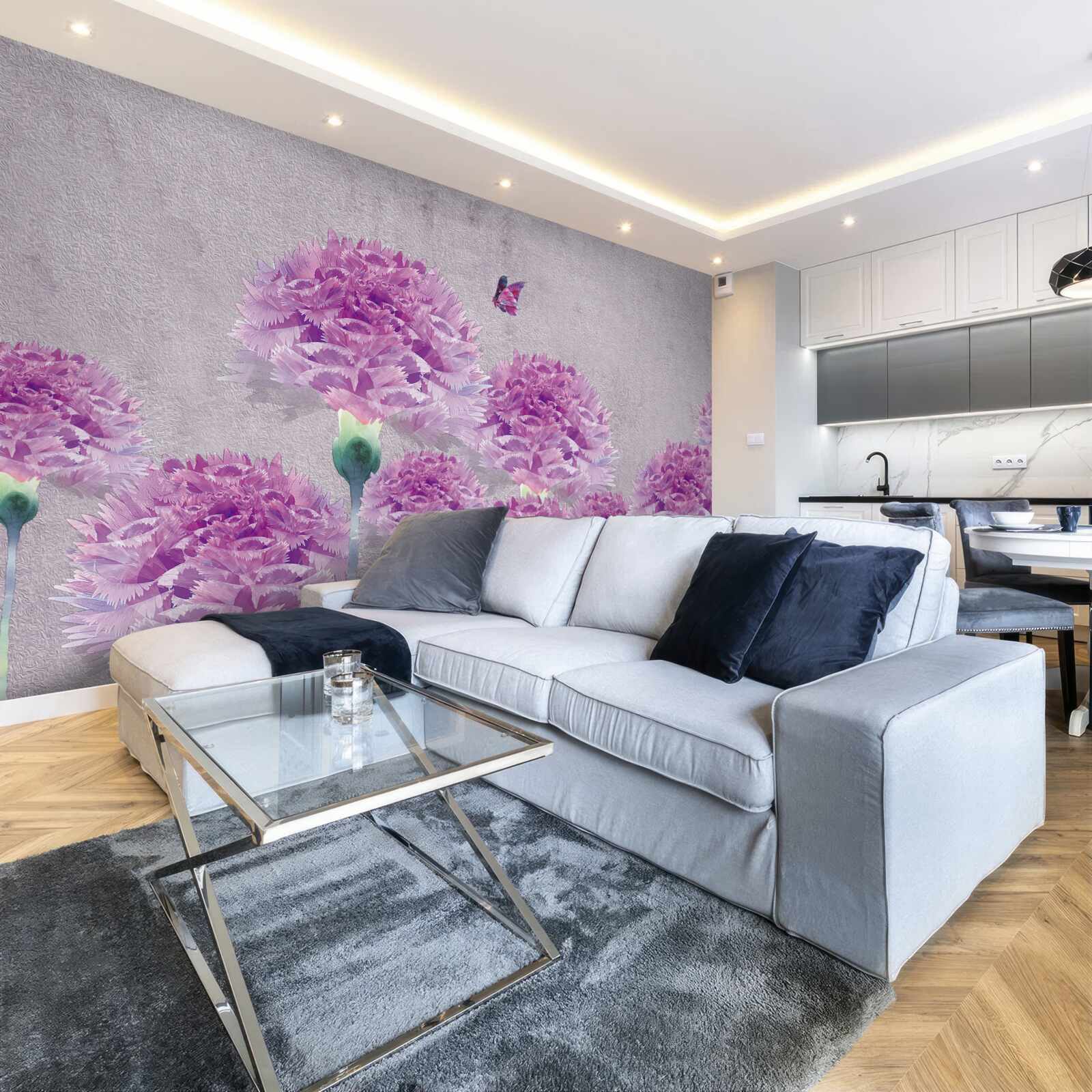 Fototapet garoafe mari liliac și fluture