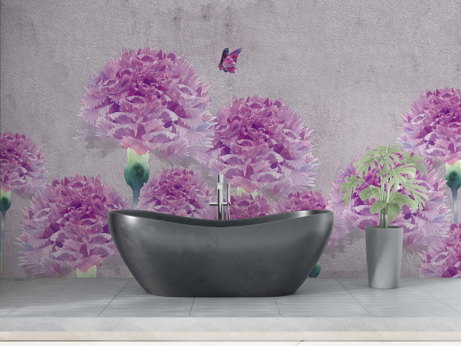 Fototapet garoafe mari liliac și fluture