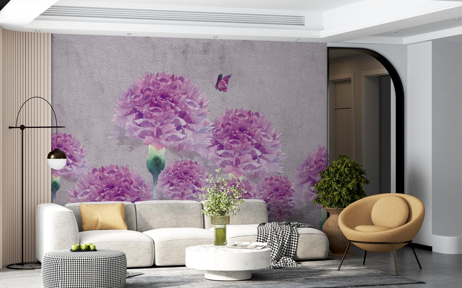 Fototapet garoafe mari liliac și fluture