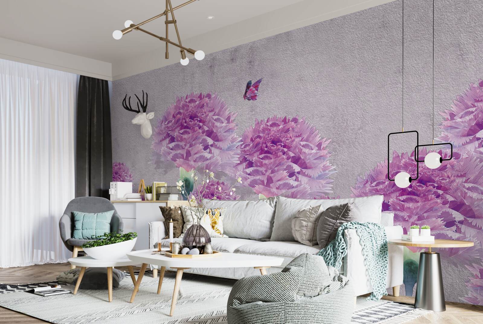 Fototapet garoafe mari liliac și fluture