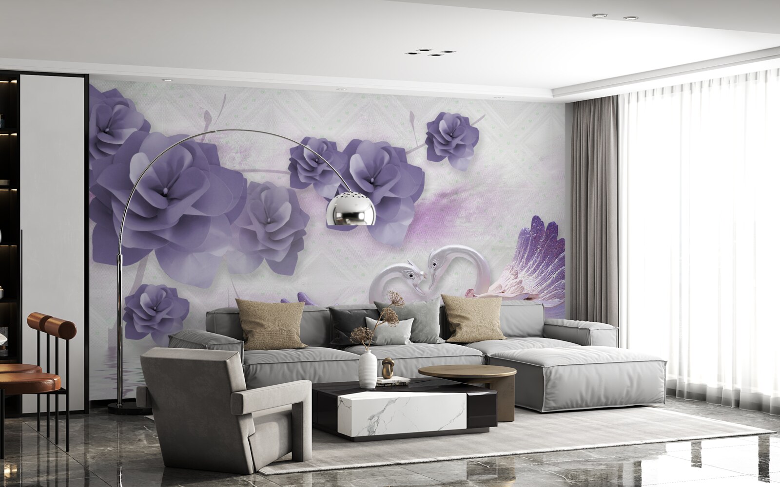 Fototapet muguri delicați și lebede ușoare pe suprafața apei