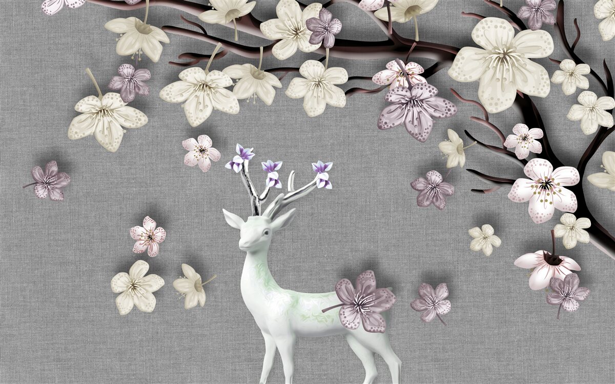 Fototapet ramuri de magnolie înflorite și un cerb alb
