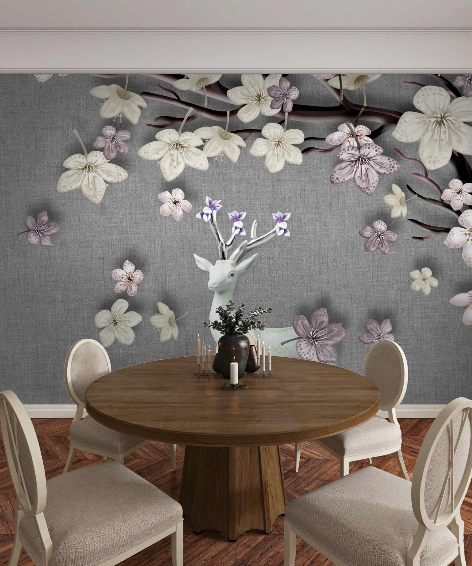 Fototapet ramuri de magnolie înflorite și un cerb alb