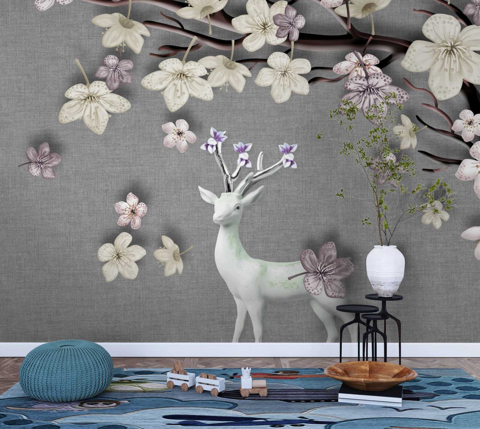 Fototapet ramuri de magnolie înflorite și un cerb alb