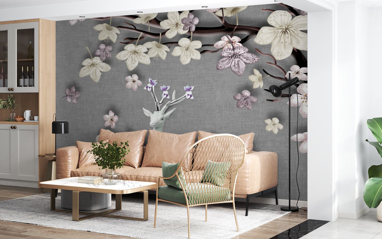 Fototapet ramuri de magnolie înflorite și un cerb alb