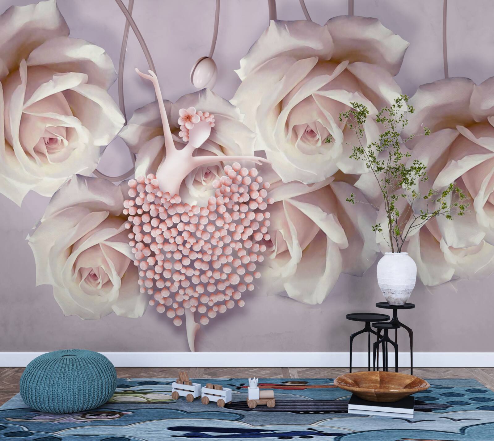 Fototapet decorat cu un trandafir crem