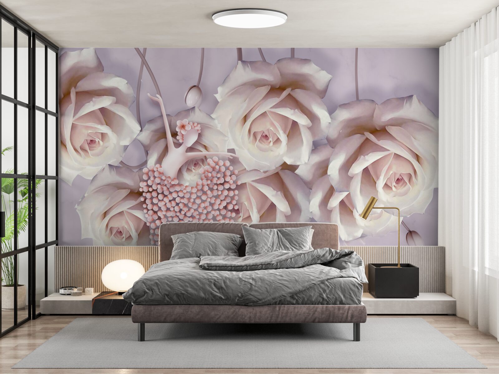 Fototapet decorat cu un trandafir crem