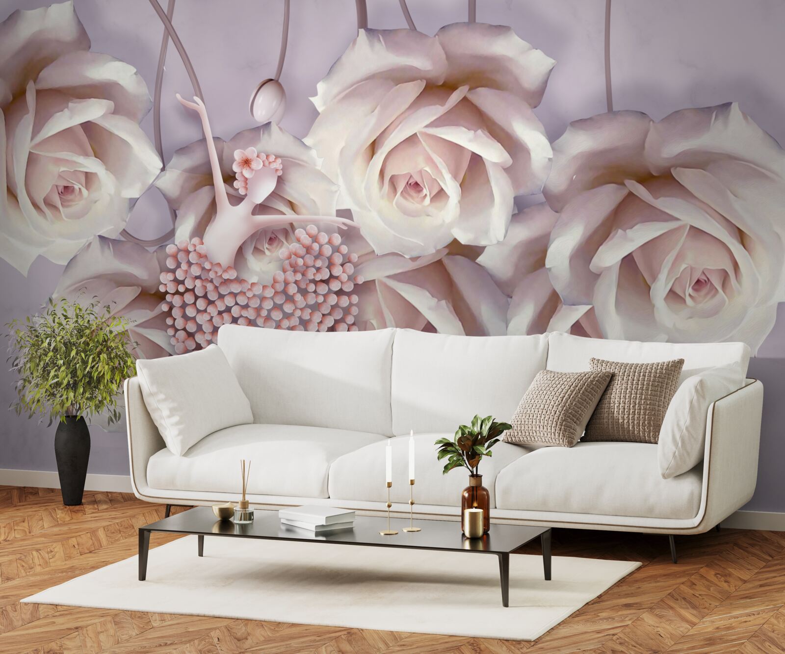 Fototapet decorat cu un trandafir crem