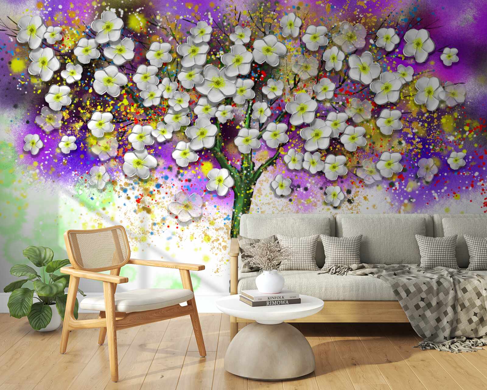 Fototapet copac înflorit cu flori albe ca zăpada