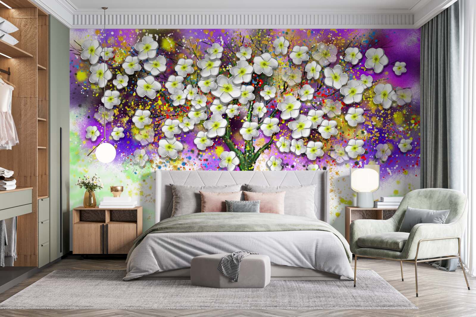 Fototapet copac înflorit cu flori albe ca zăpada