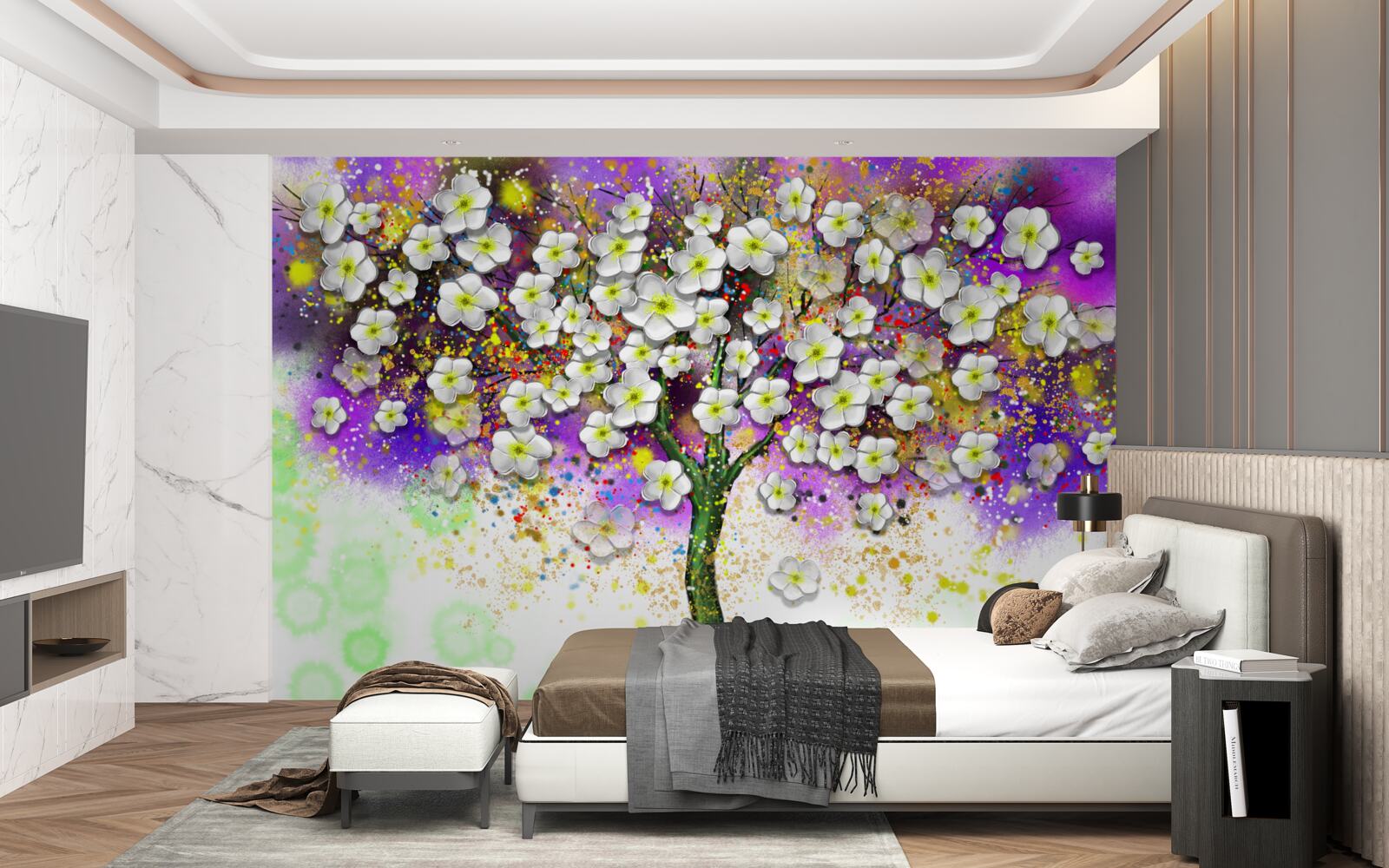 Fototapet copac înflorit cu flori albe ca zăpada