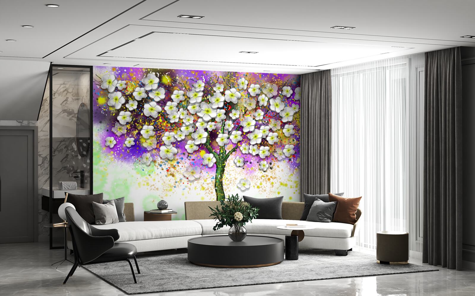 Fototapet copac înflorit cu flori albe ca zăpada