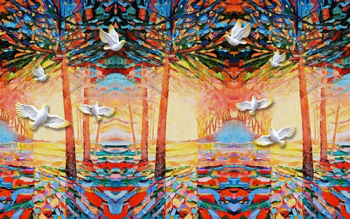 Fototapet Porumbei albi ca zăpada lângă iaz în timpul apusului de soare