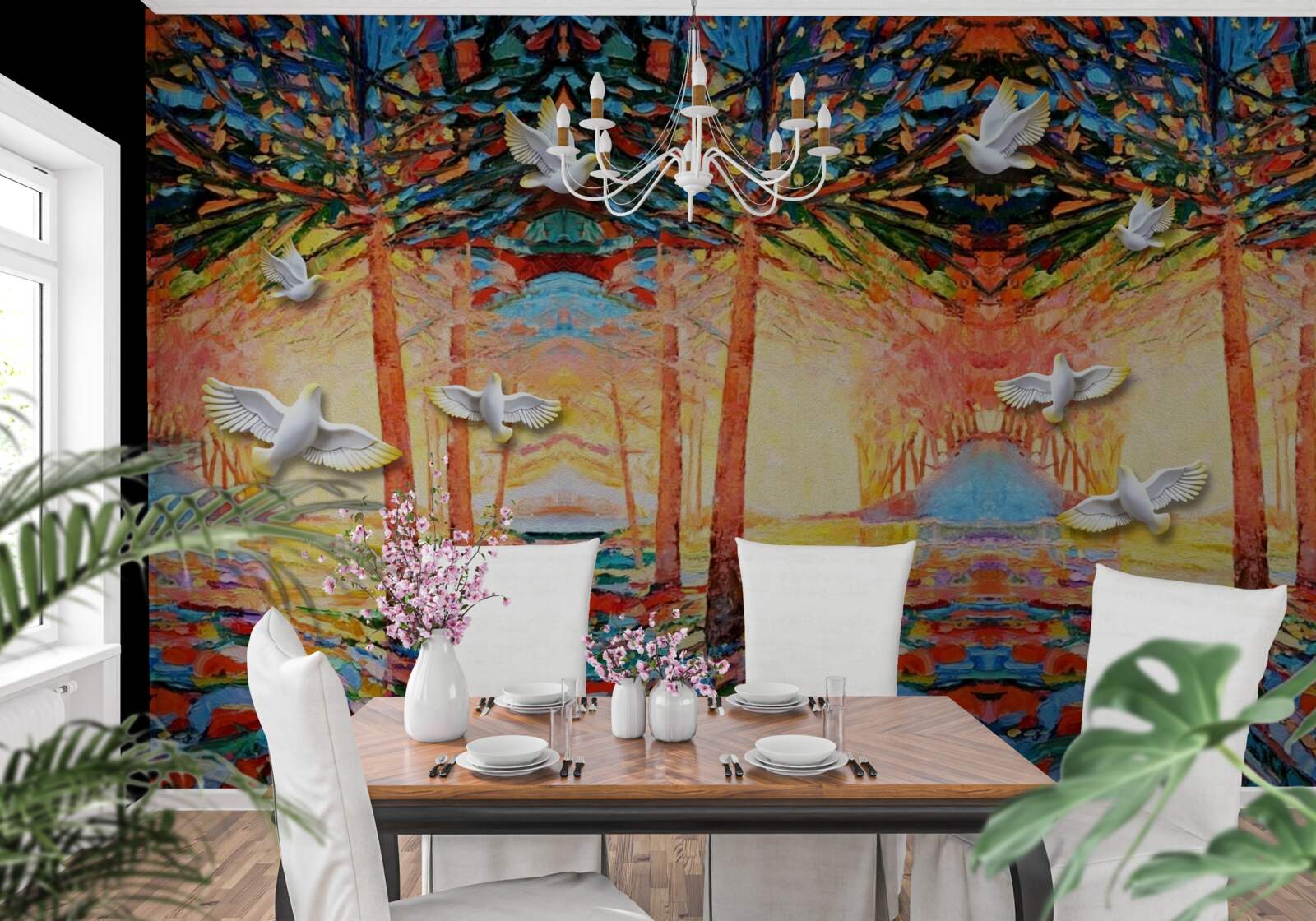 Fototapet Porumbei albi ca zăpada lângă iaz în timpul apusului de soare