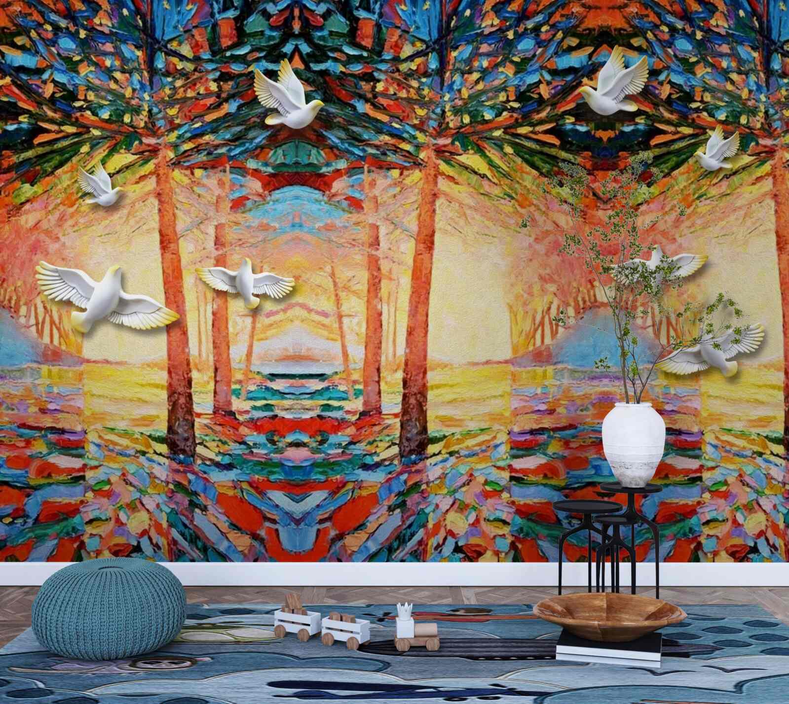 Fototapet Porumbei albi ca zăpada lângă iaz în timpul apusului de soare