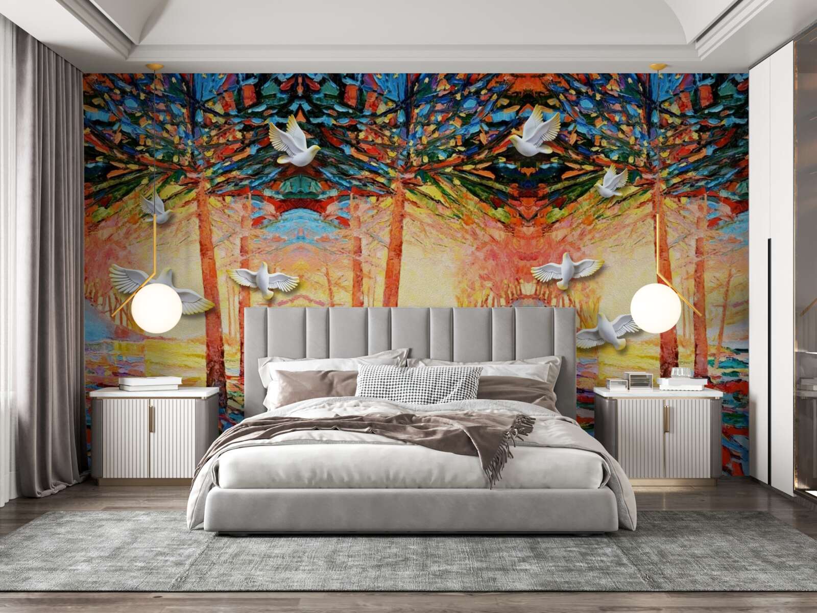 Fototapet Porumbei albi ca zăpada lângă iaz în timpul apusului de soare