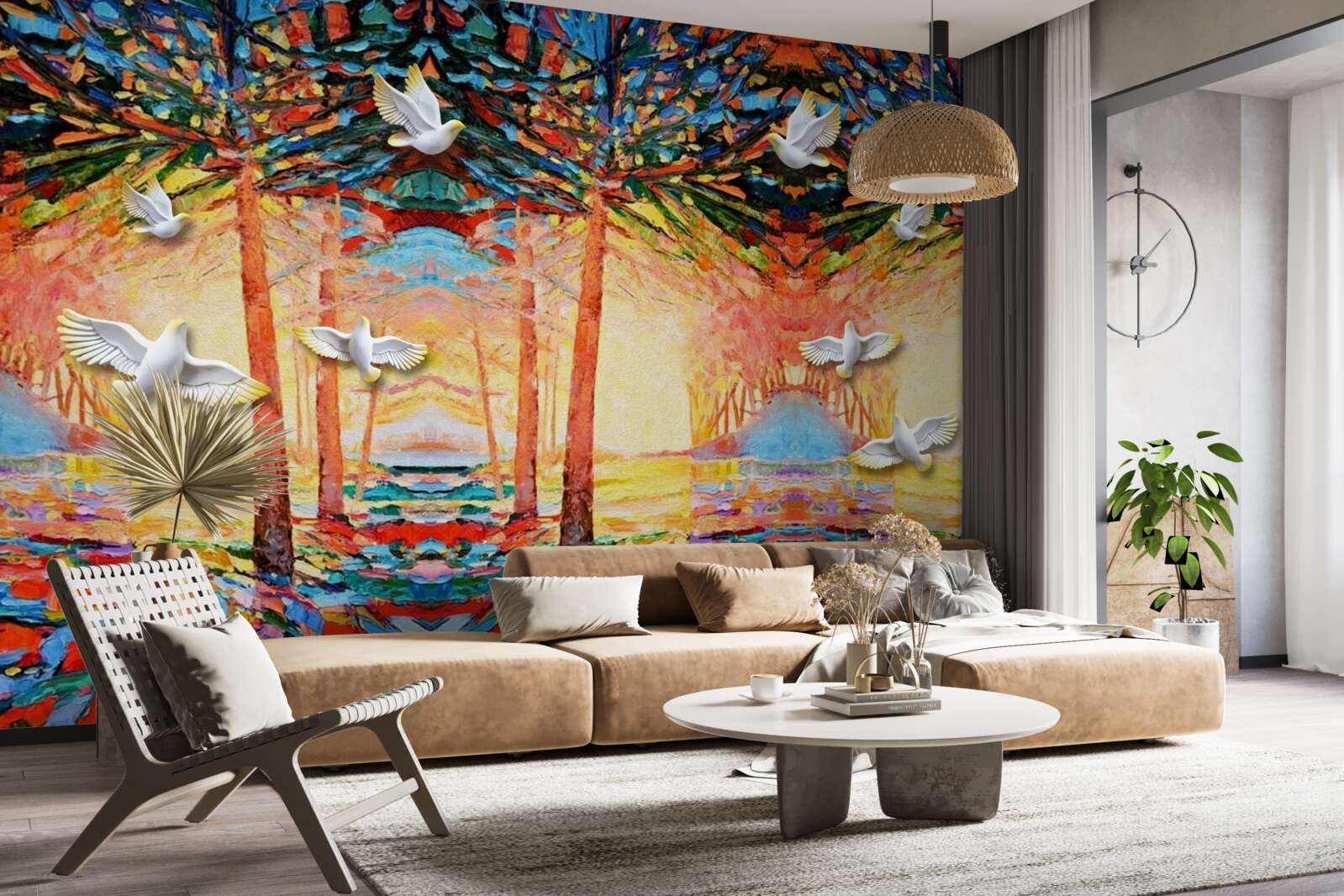 Fototapet Porumbei albi ca zăpada lângă iaz în timpul apusului de soare