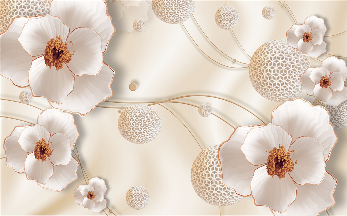 Fototapet ramuri decorate cu flori albe aurii și cristale strălucitoare