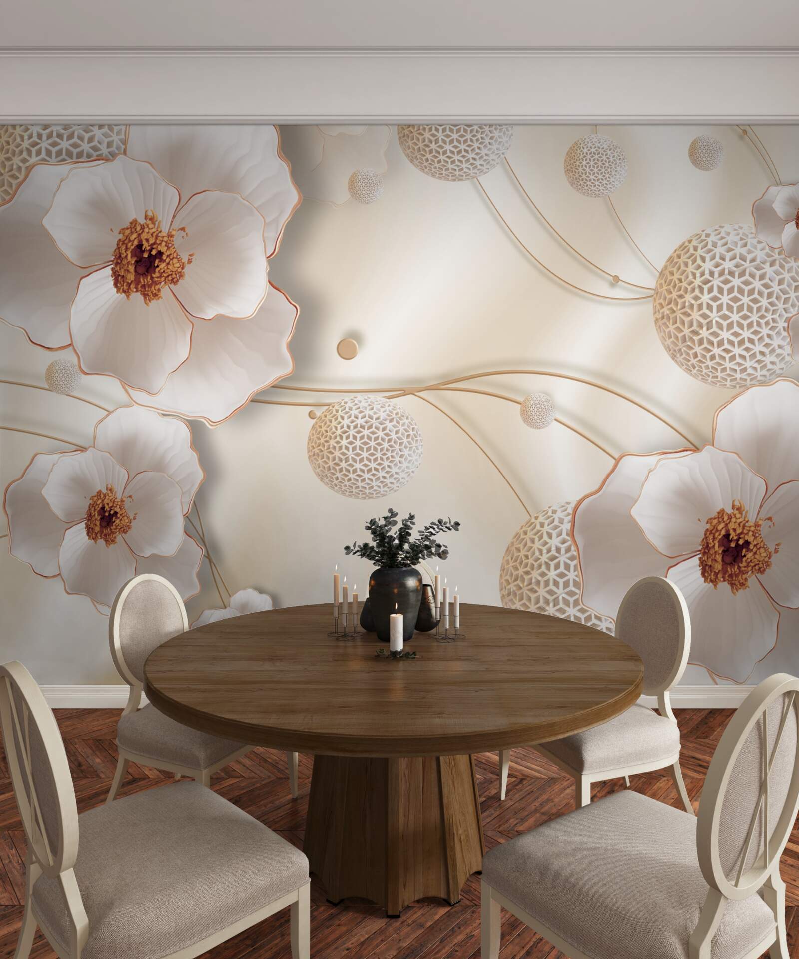 Fototapet ramuri decorate cu flori albe aurii și cristale strălucitoare