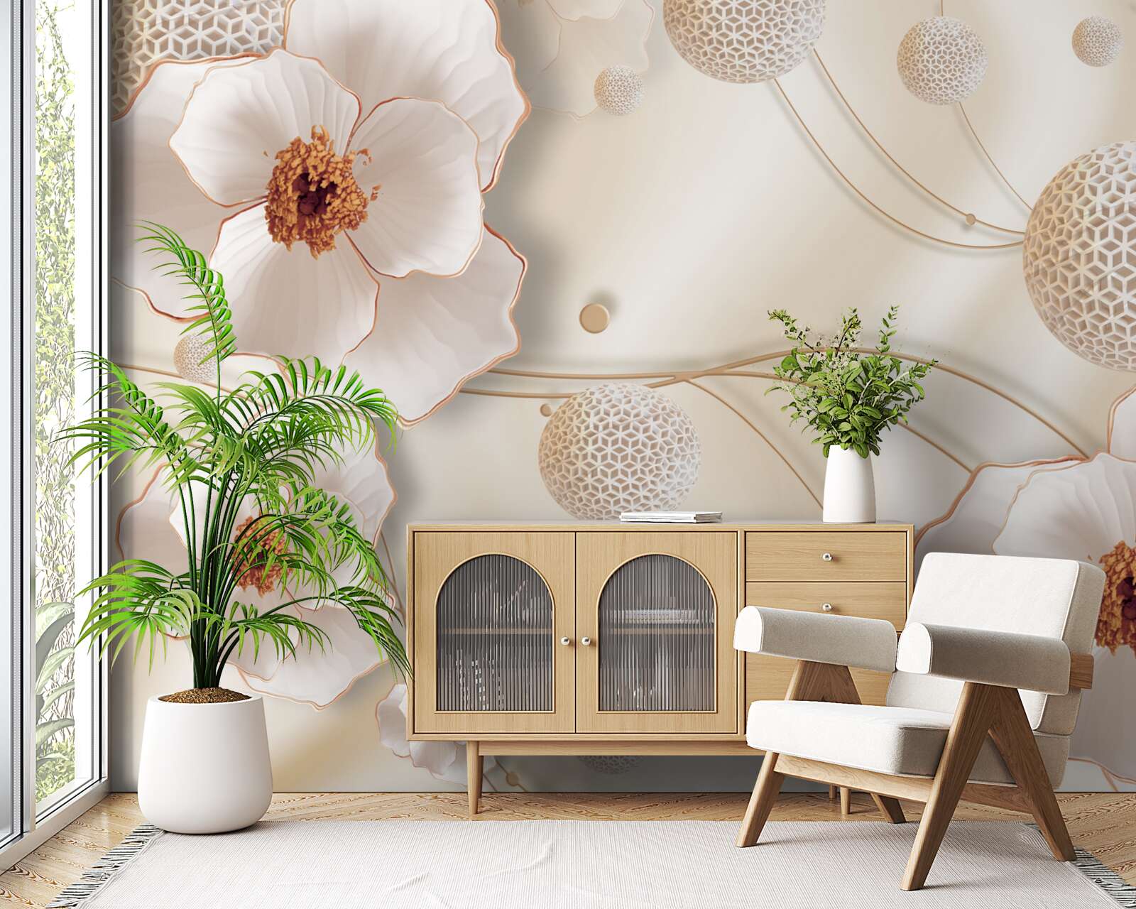 Fototapet ramuri decorate cu flori albe aurii și cristale strălucitoare