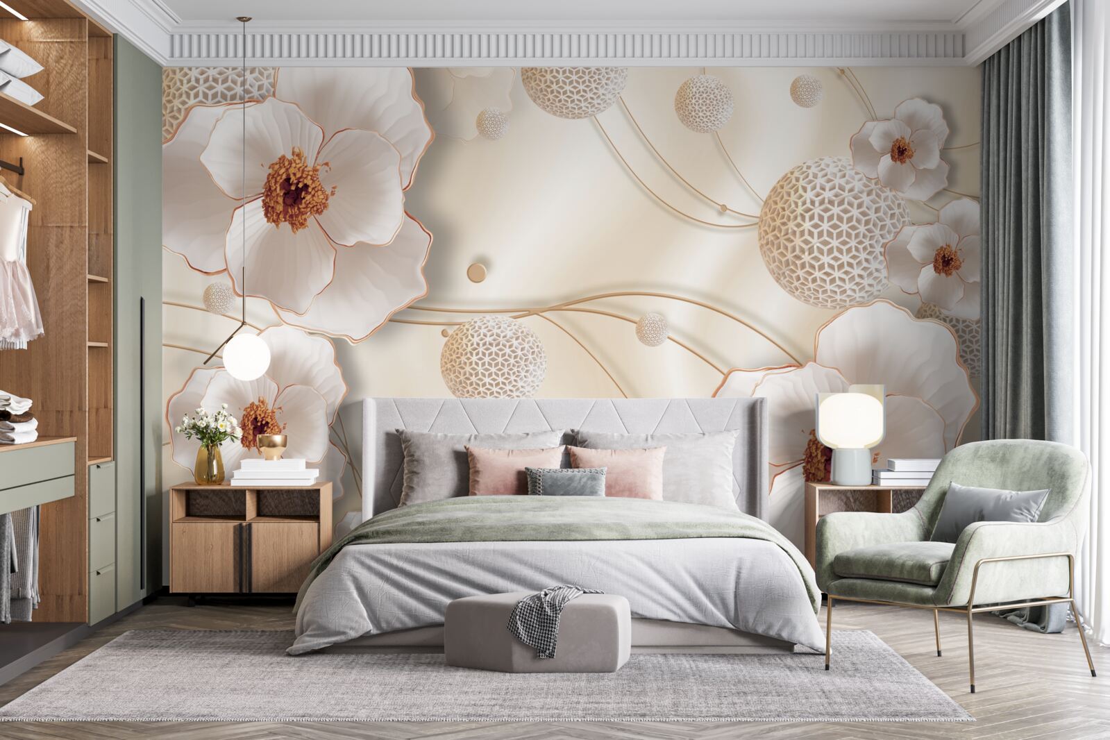 Fototapet ramuri decorate cu flori albe aurii și cristale strălucitoare