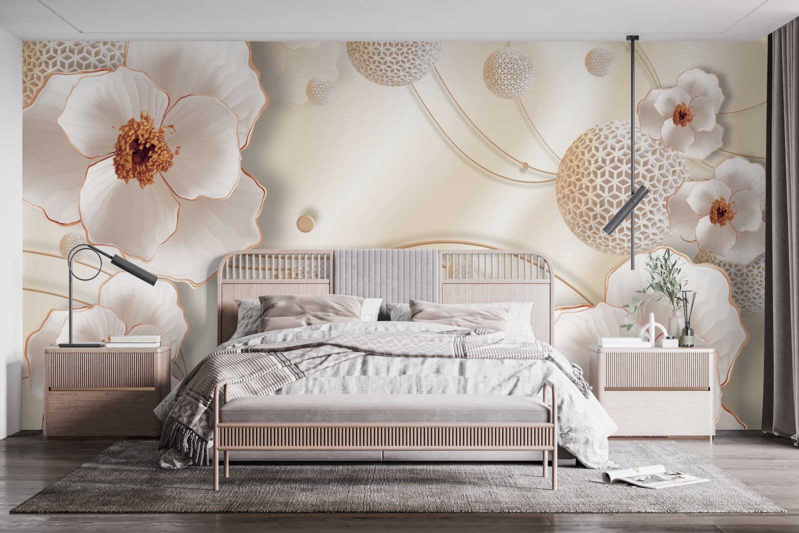 Fototapet ramuri decorate cu flori albe aurii și cristale strălucitoare