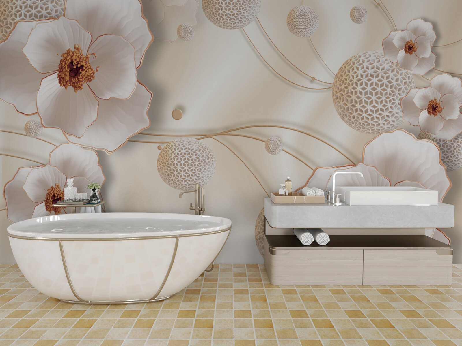 Fototapet ramuri decorate cu flori albe aurii și cristale strălucitoare