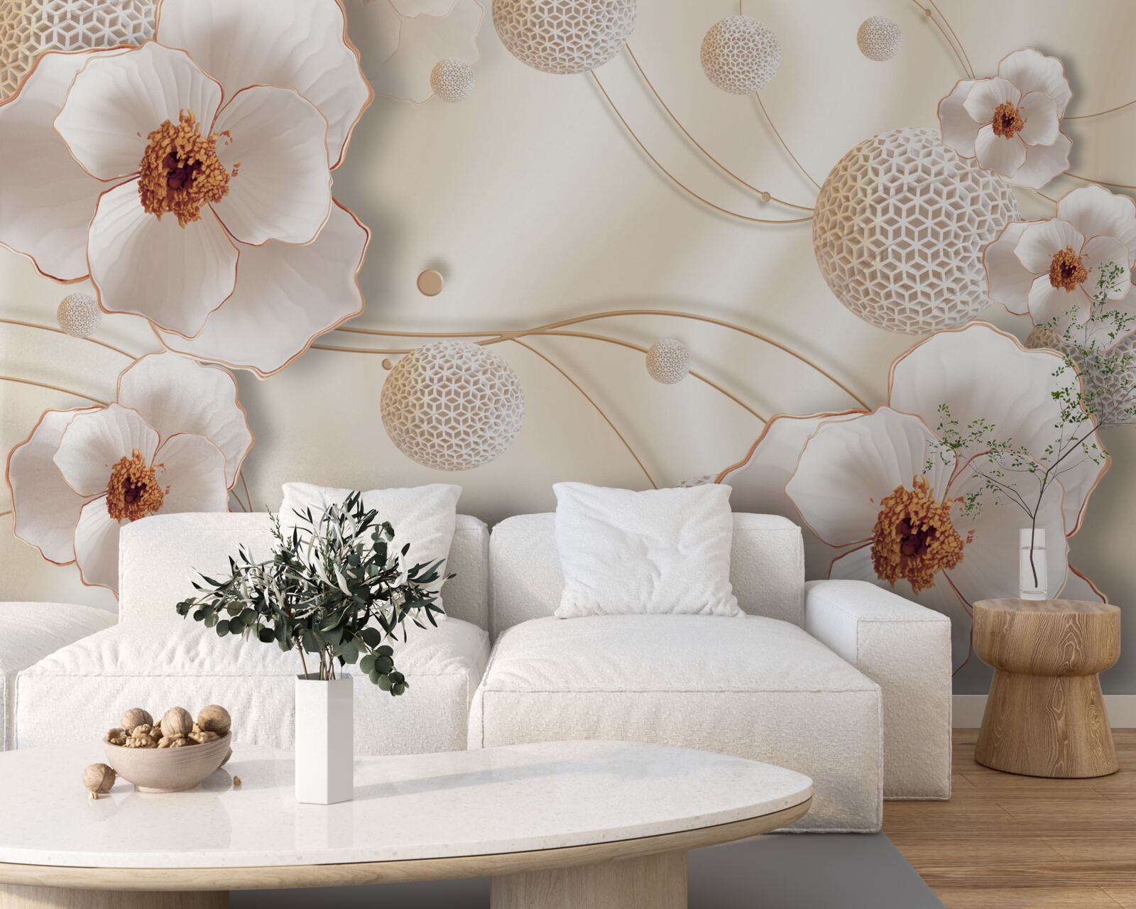 Fototapet ramuri decorate cu flori albe aurii și cristale strălucitoare