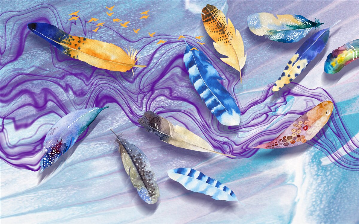 Fototapet valurile de cerneală sunt decorate cu pene