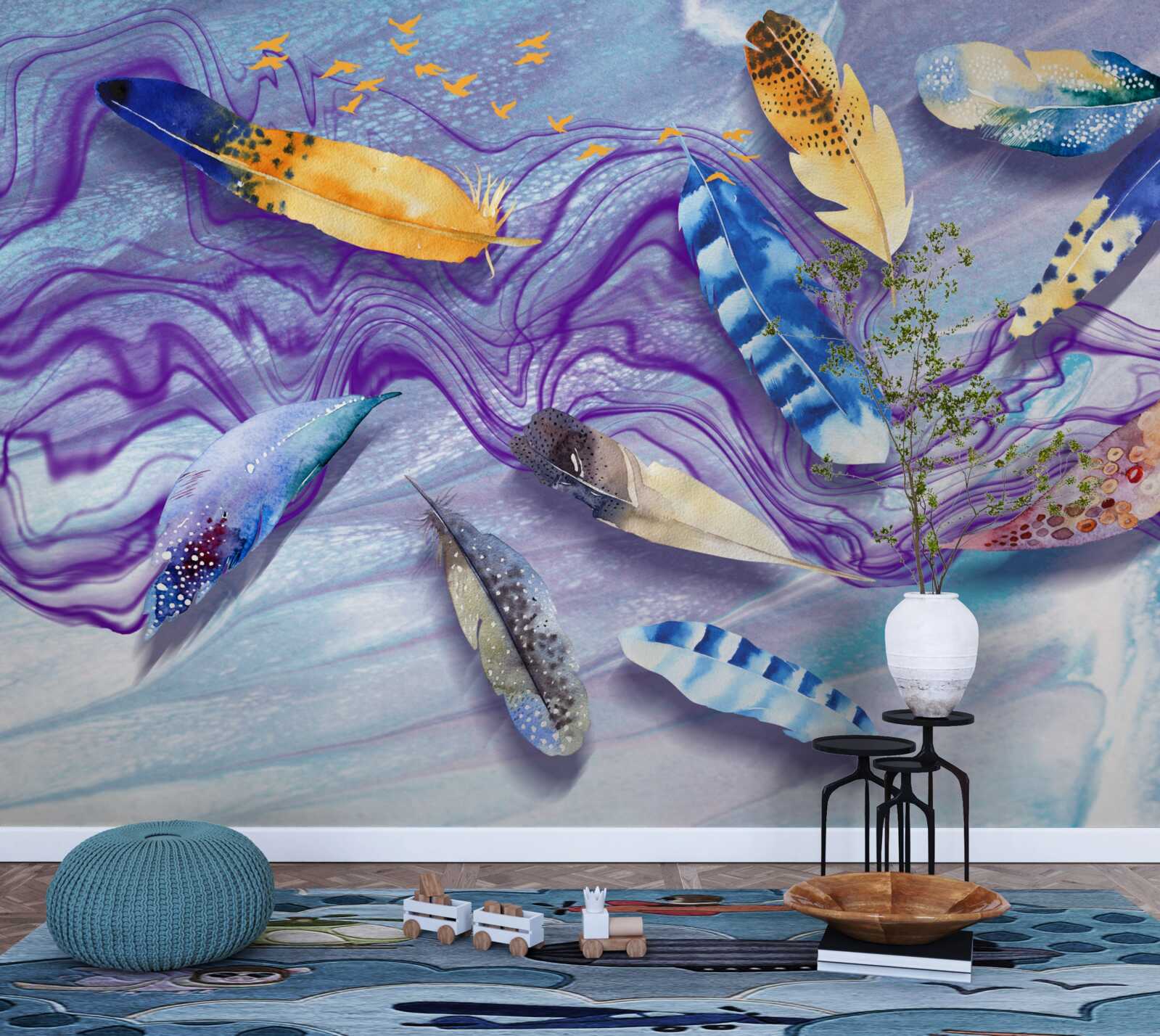 Fototapet valurile de cerneală sunt decorate cu pene