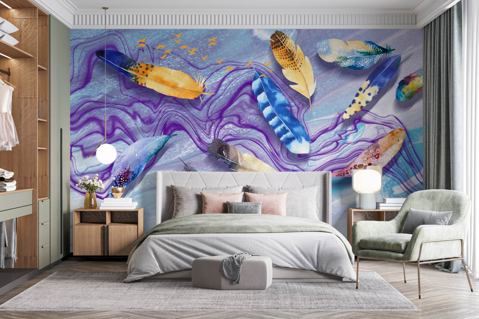 Fototapet valurile de cerneală sunt decorate cu pene