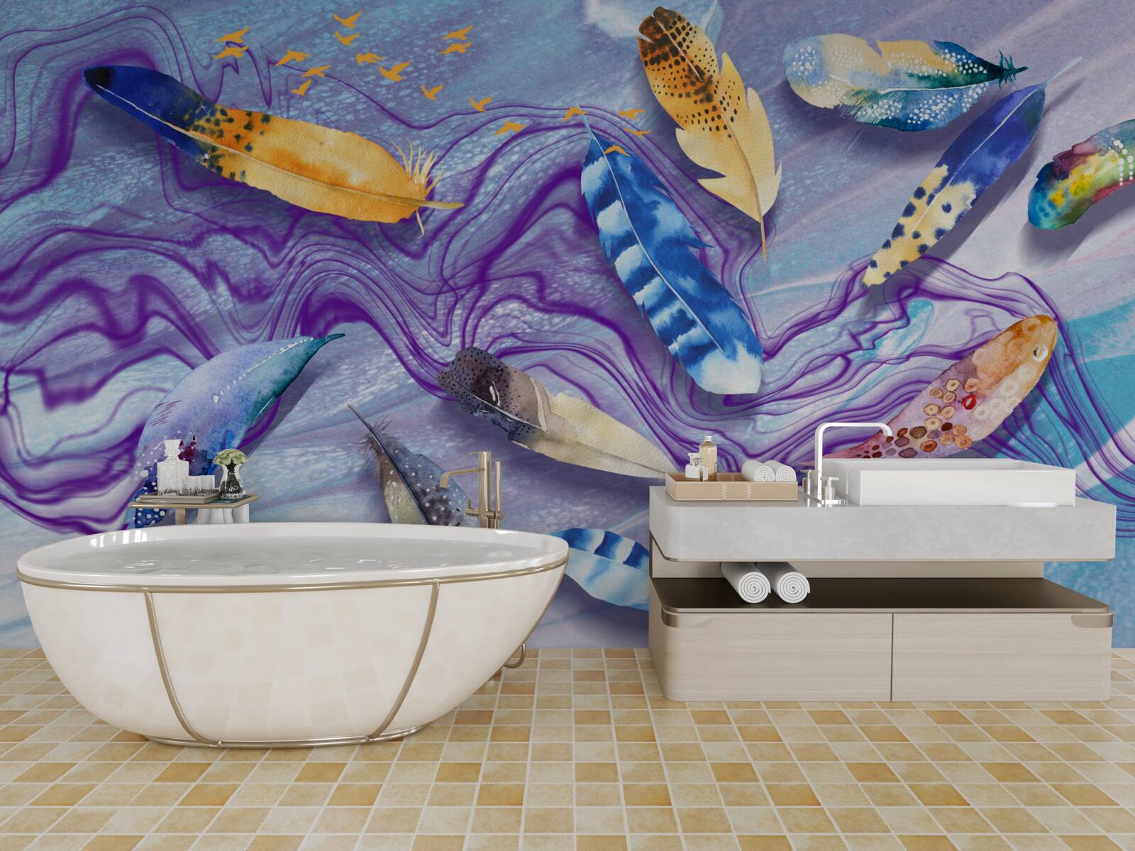 Fototapet valurile de cerneală sunt decorate cu pene