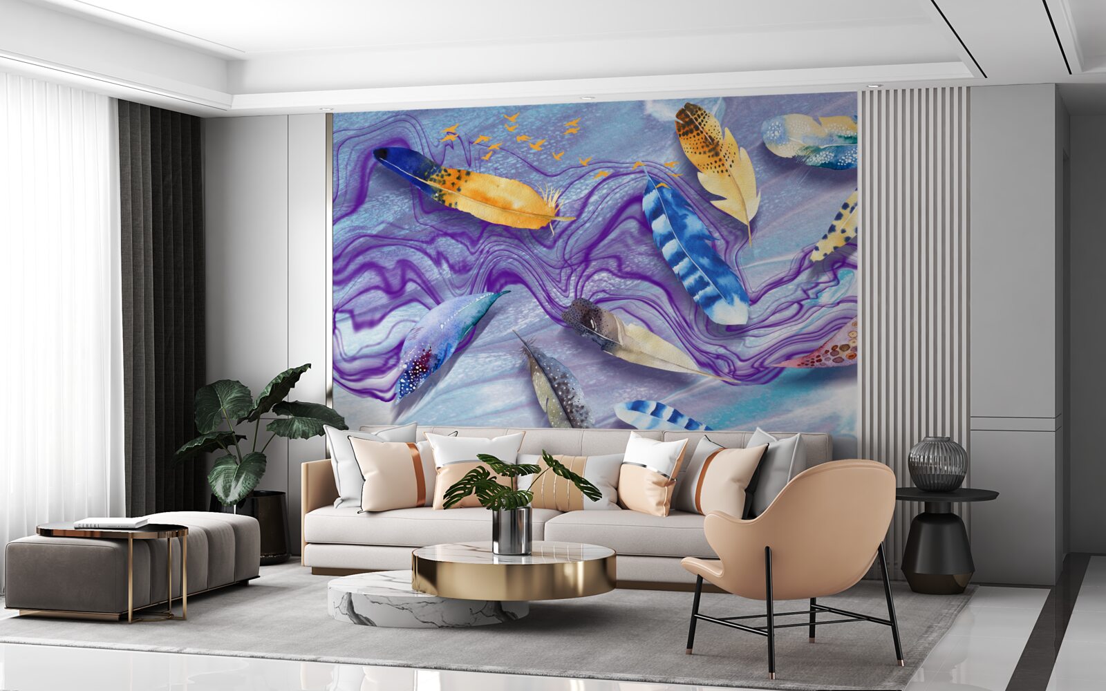 Fototapet valurile de cerneală sunt decorate cu pene