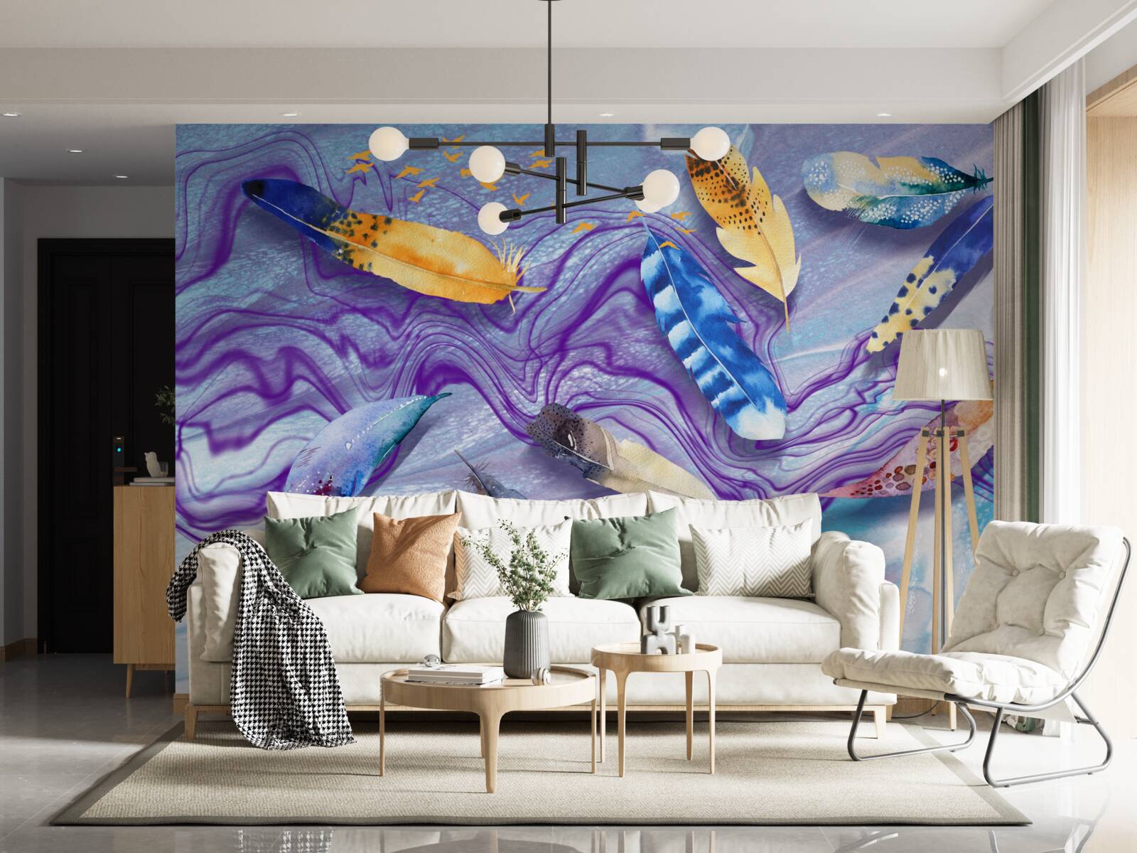 Fototapet valurile de cerneală sunt decorate cu pene