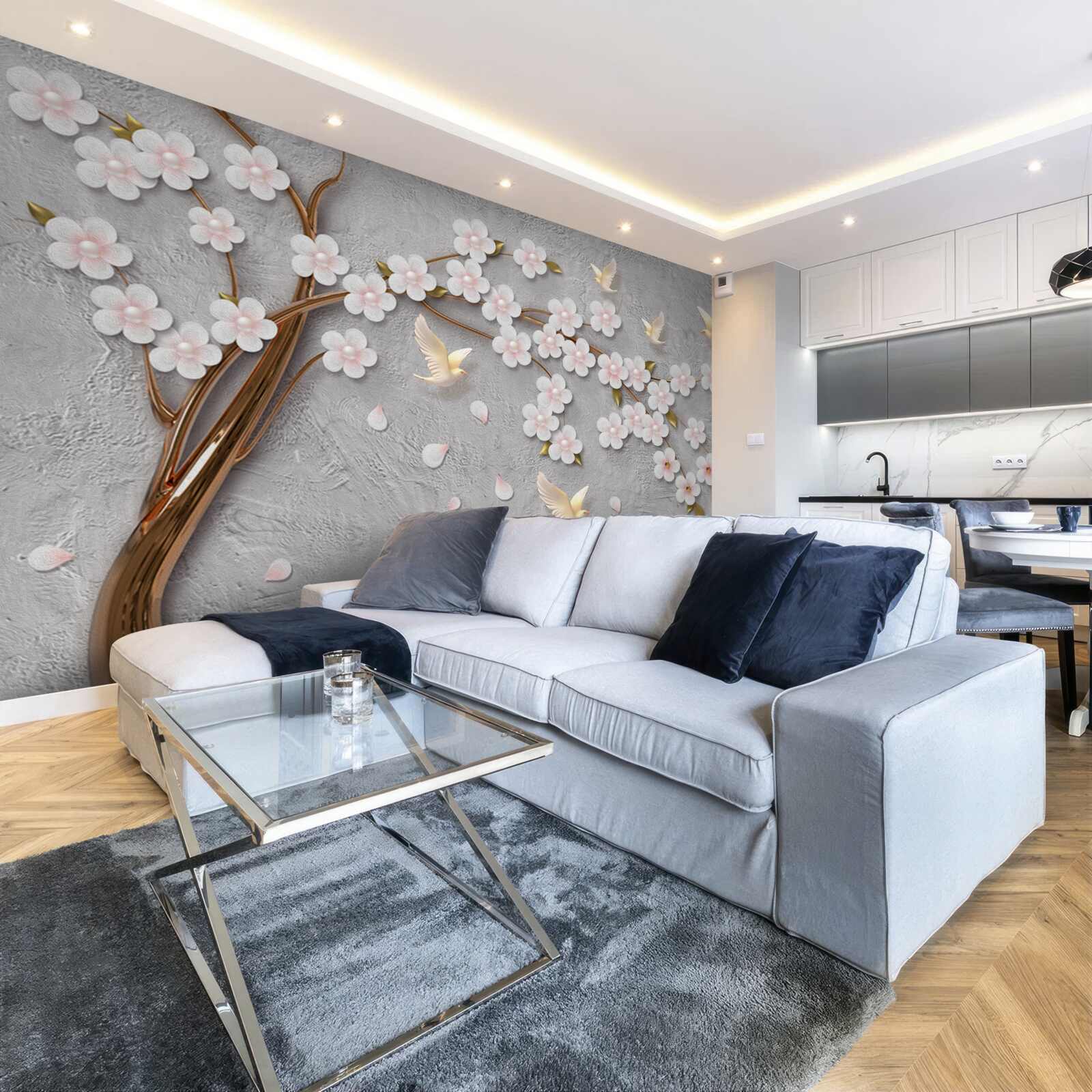 Fototapet copac înflorit și porumbei albi ca zăpada