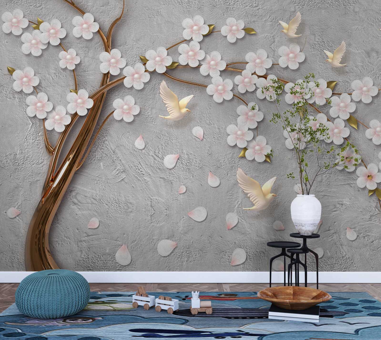 Fototapet copac înflorit și porumbei albi ca zăpada