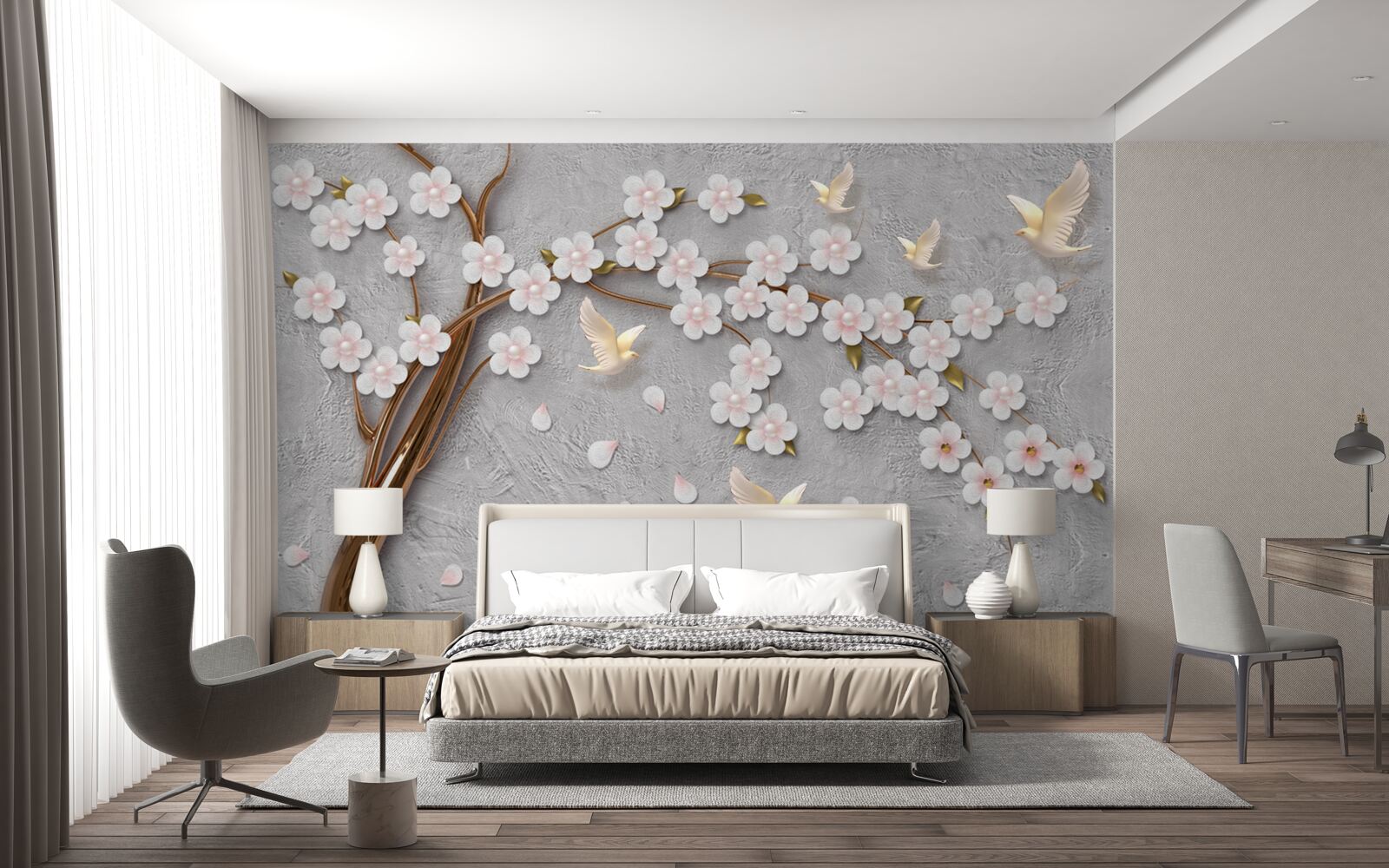 Fototapet copac înflorit și porumbei albi ca zăpada