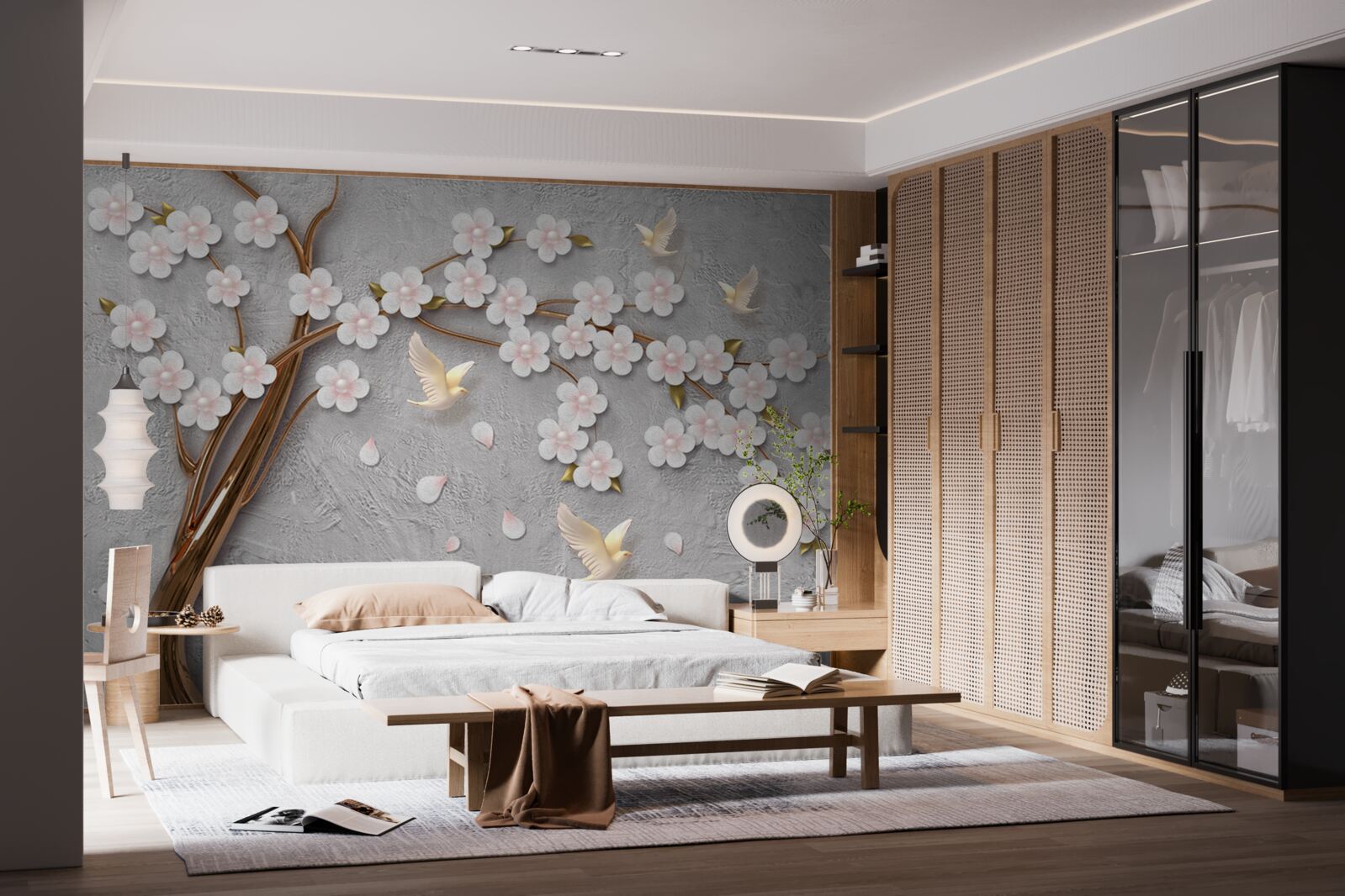 Fototapet copac înflorit și porumbei albi ca zăpada