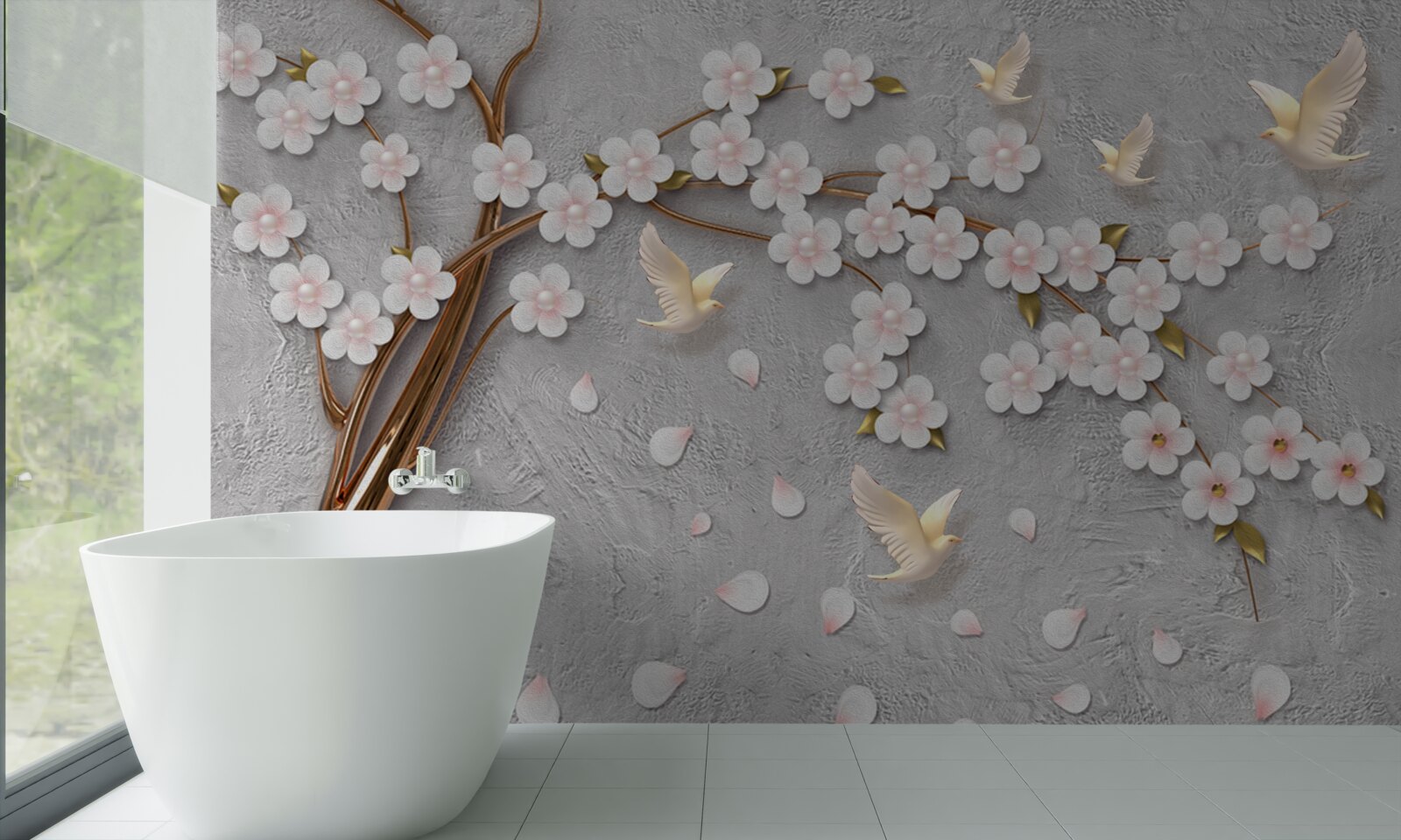 Fototapet copac înflorit și porumbei albi ca zăpada