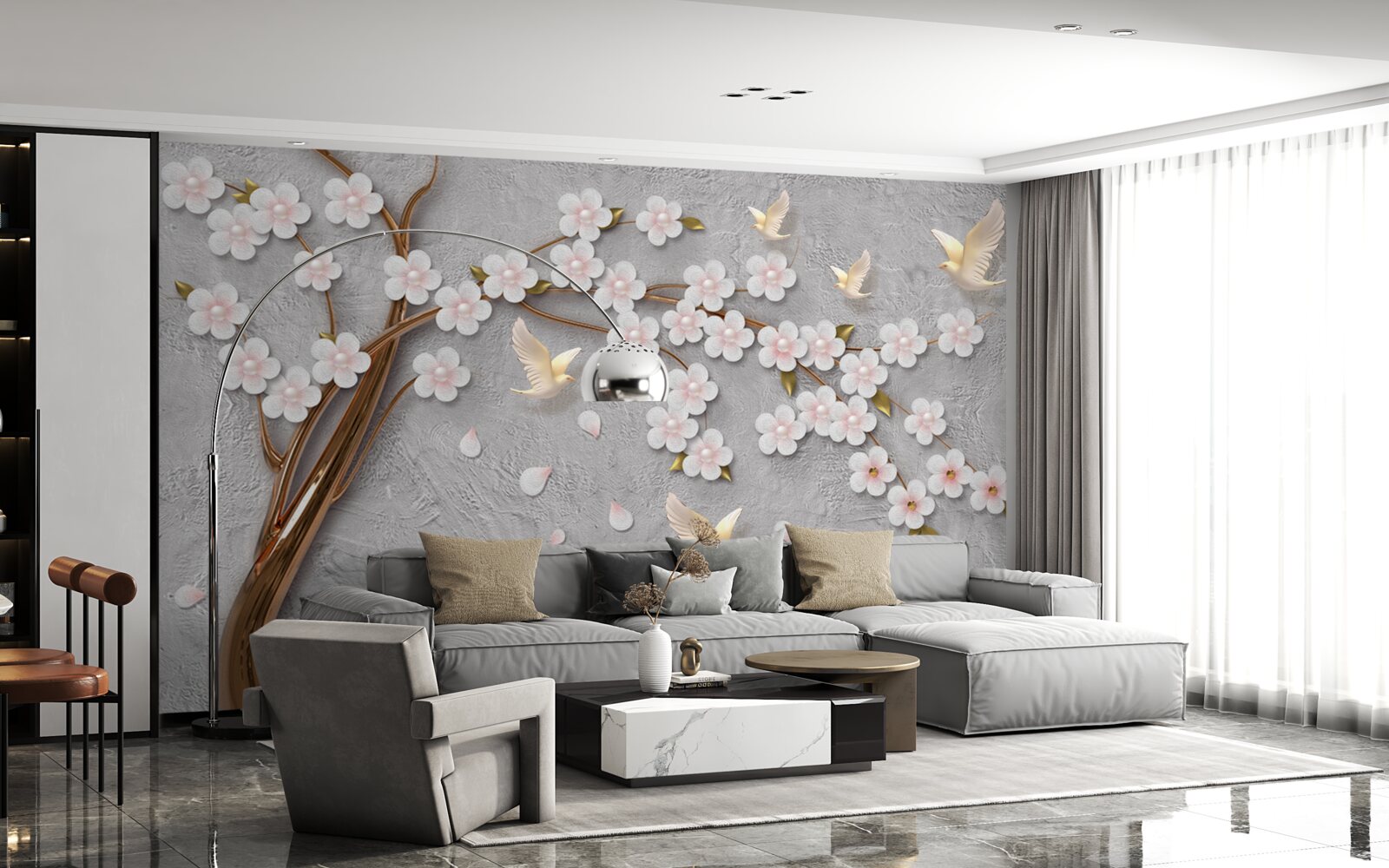 Fototapet copac înflorit și porumbei albi ca zăpada