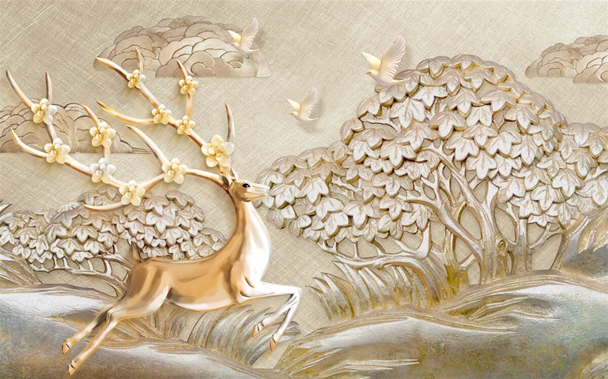 Fototapet cerb auriu alergând luxuriant pe o pajiște