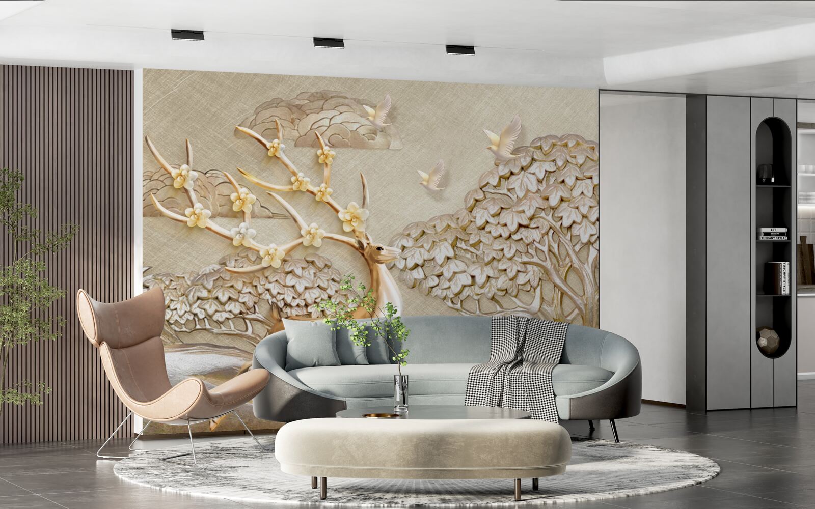 Fototapet cerb auriu alergând luxuriant pe o pajiște