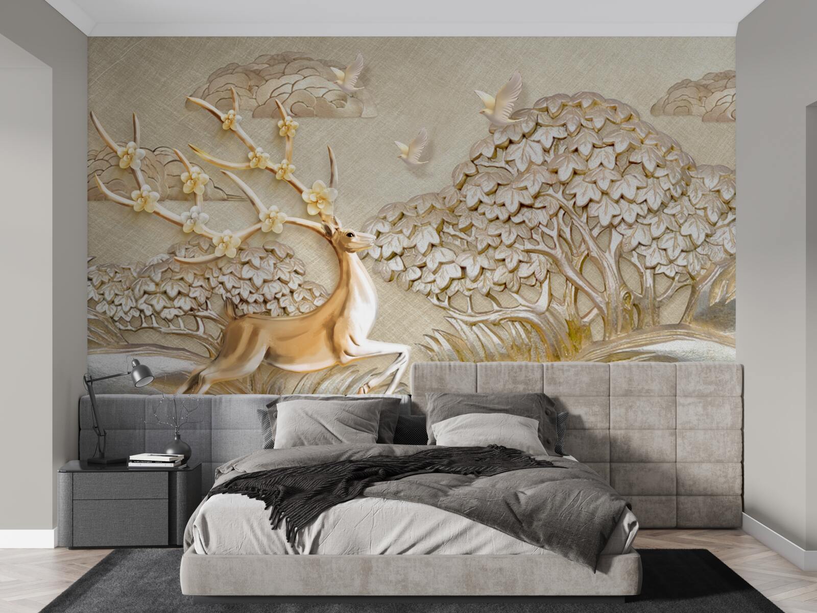 Fototapet cerb auriu alergând luxuriant pe o pajiște