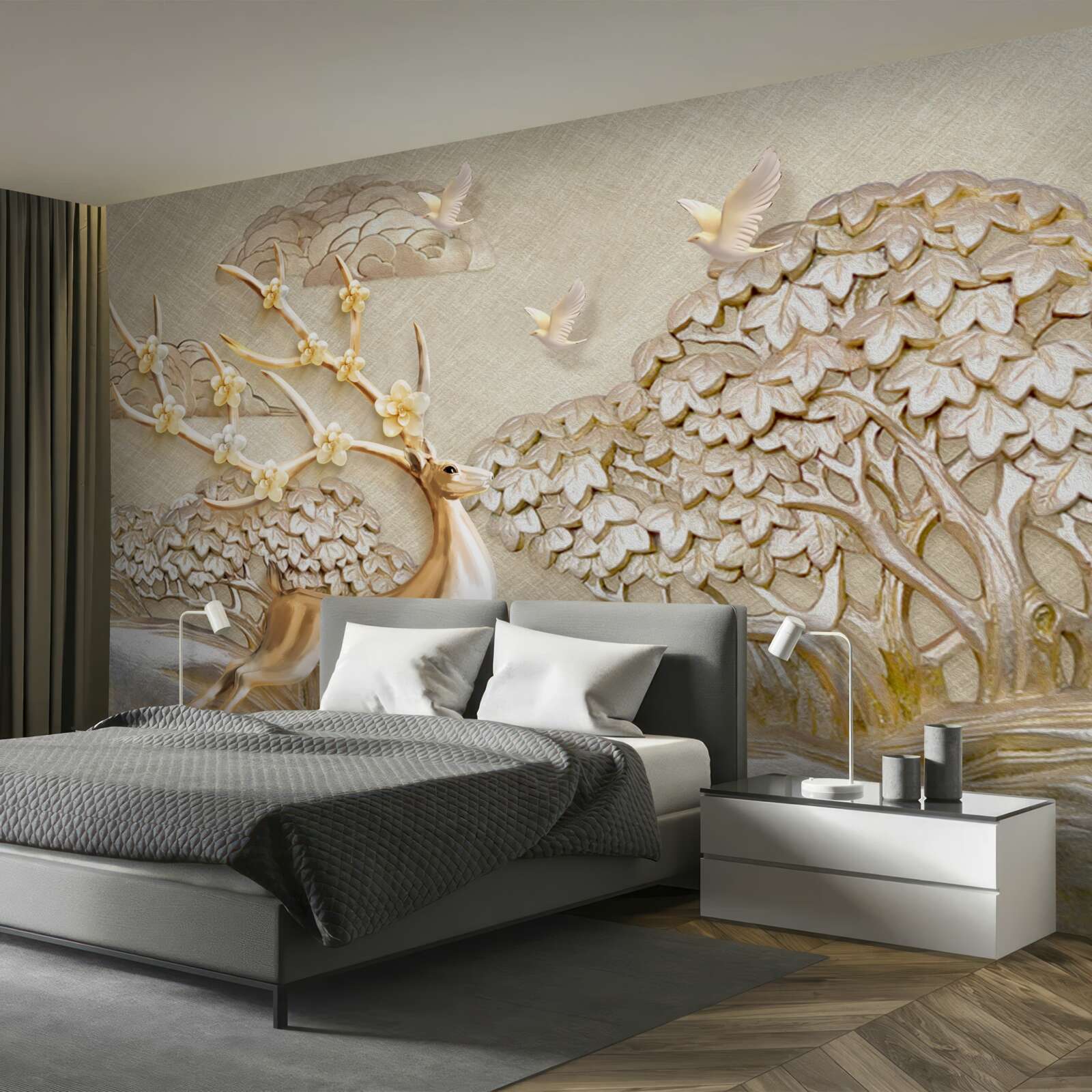 Fototapet cerb auriu alergând luxuriant pe o pajiște