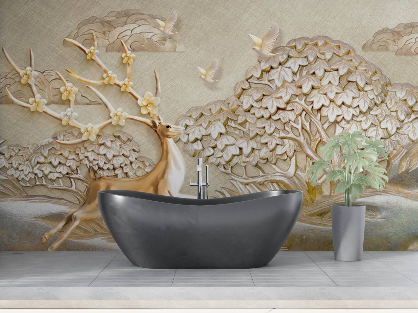 Fototapet cerb auriu alergând luxuriant pe o pajiște